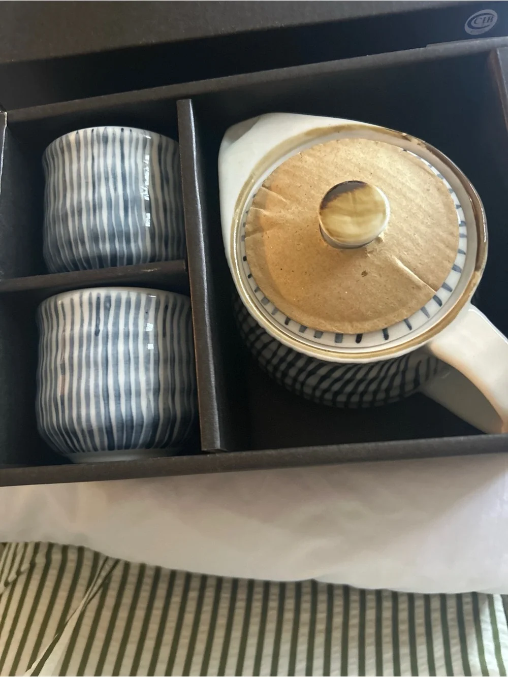 Ceramic Tea Set - Blue Striped Porcelain Teapot with Cups by